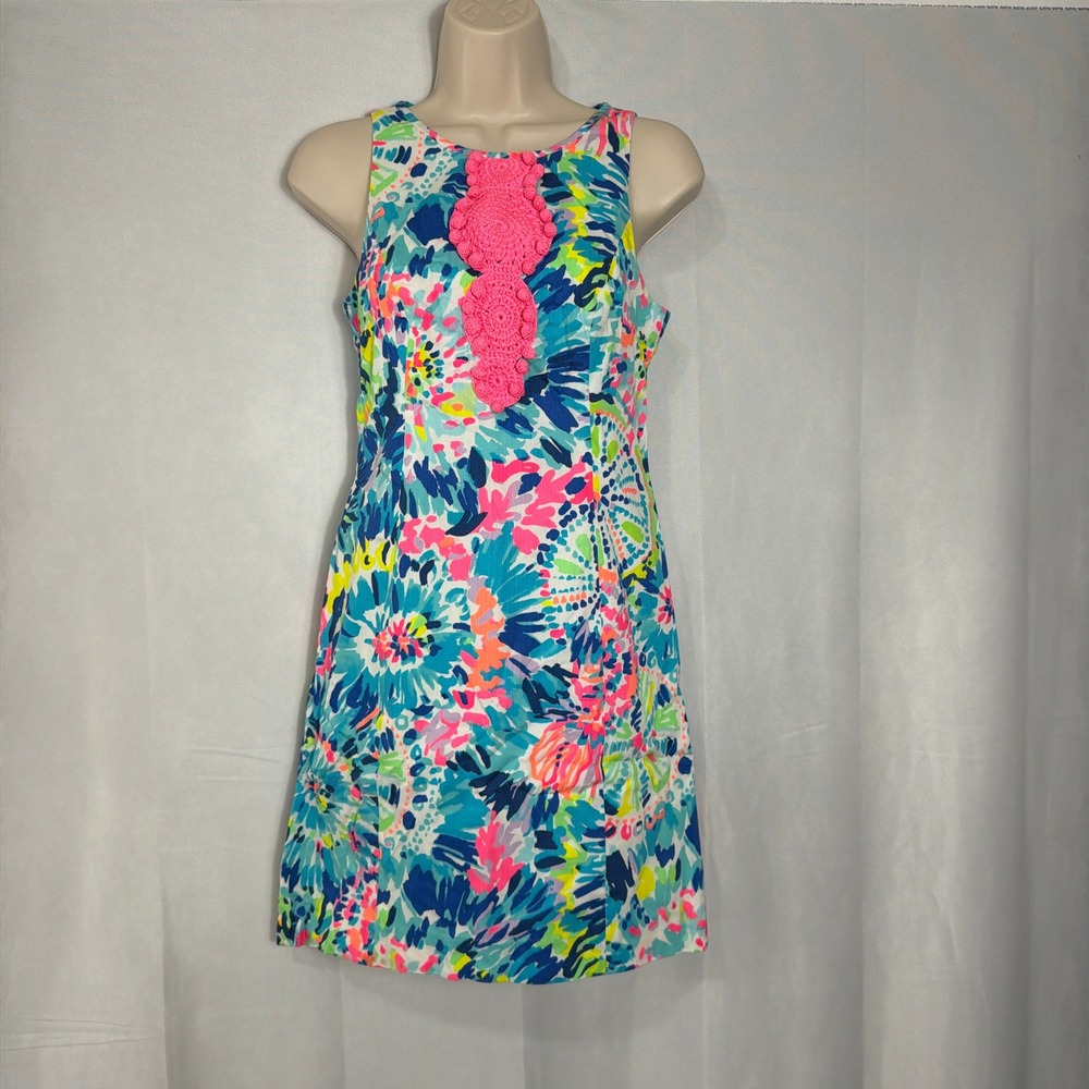 Lilly Pulitzer Shift Dress Adara 00 Crochet Applique Dive In Multi Womens